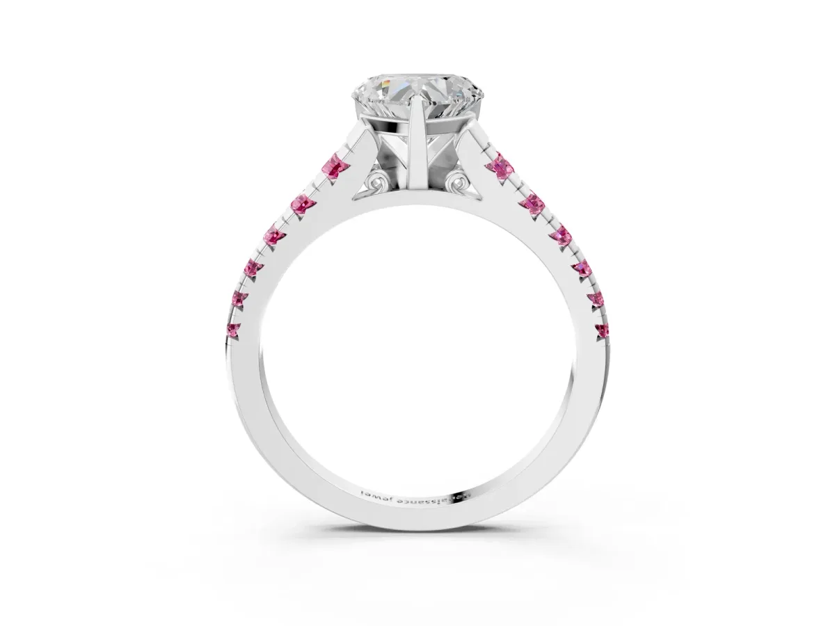 Heart Cut Diamond Cathedral Solitaire Ring with Round Pink Sapphire Pavé Band White gold