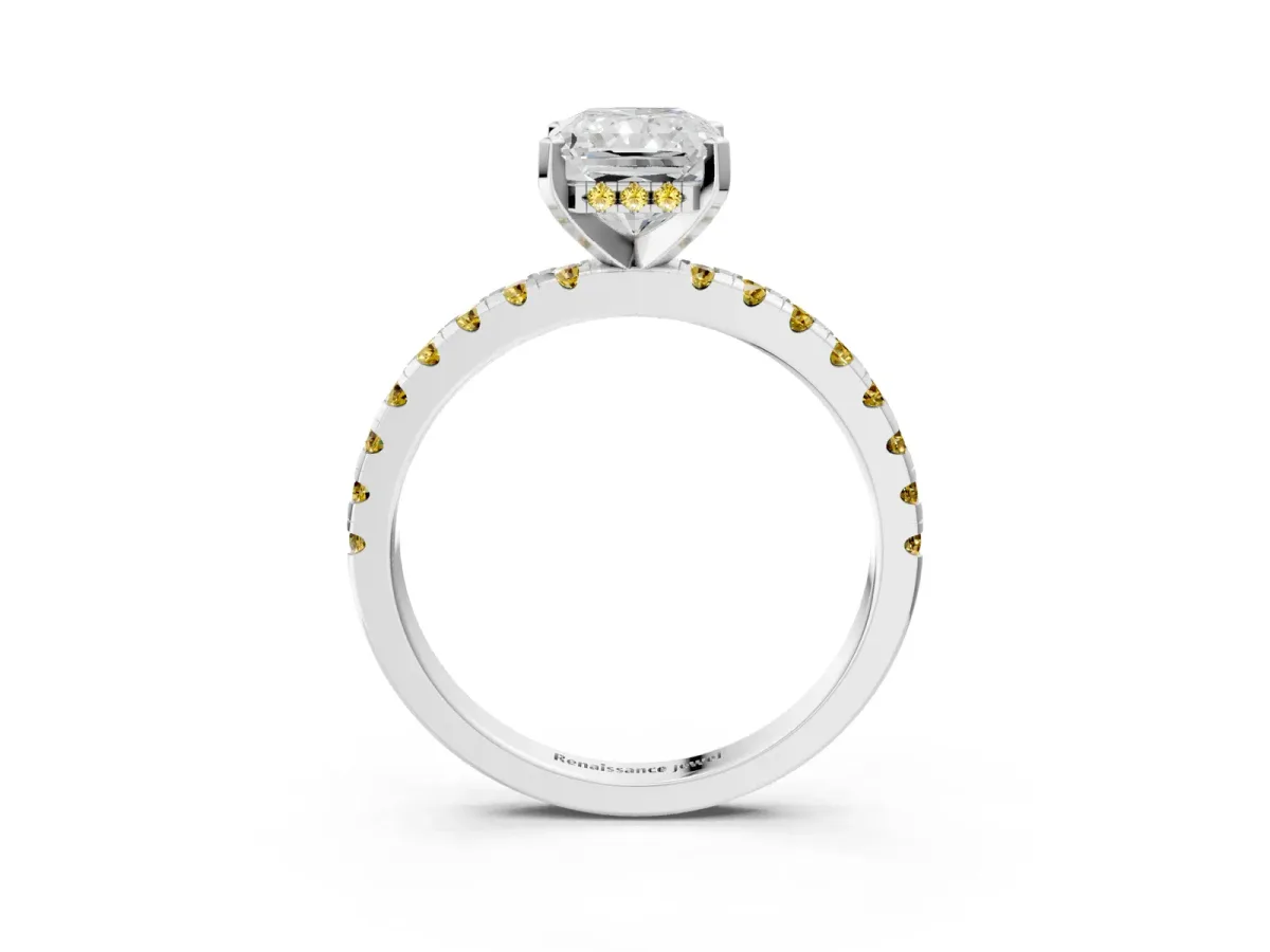 Radiant Cut Diamond Solitaire Ring with Round Yellow Sapphire Pavé Band and Four-Prong Setting White gold