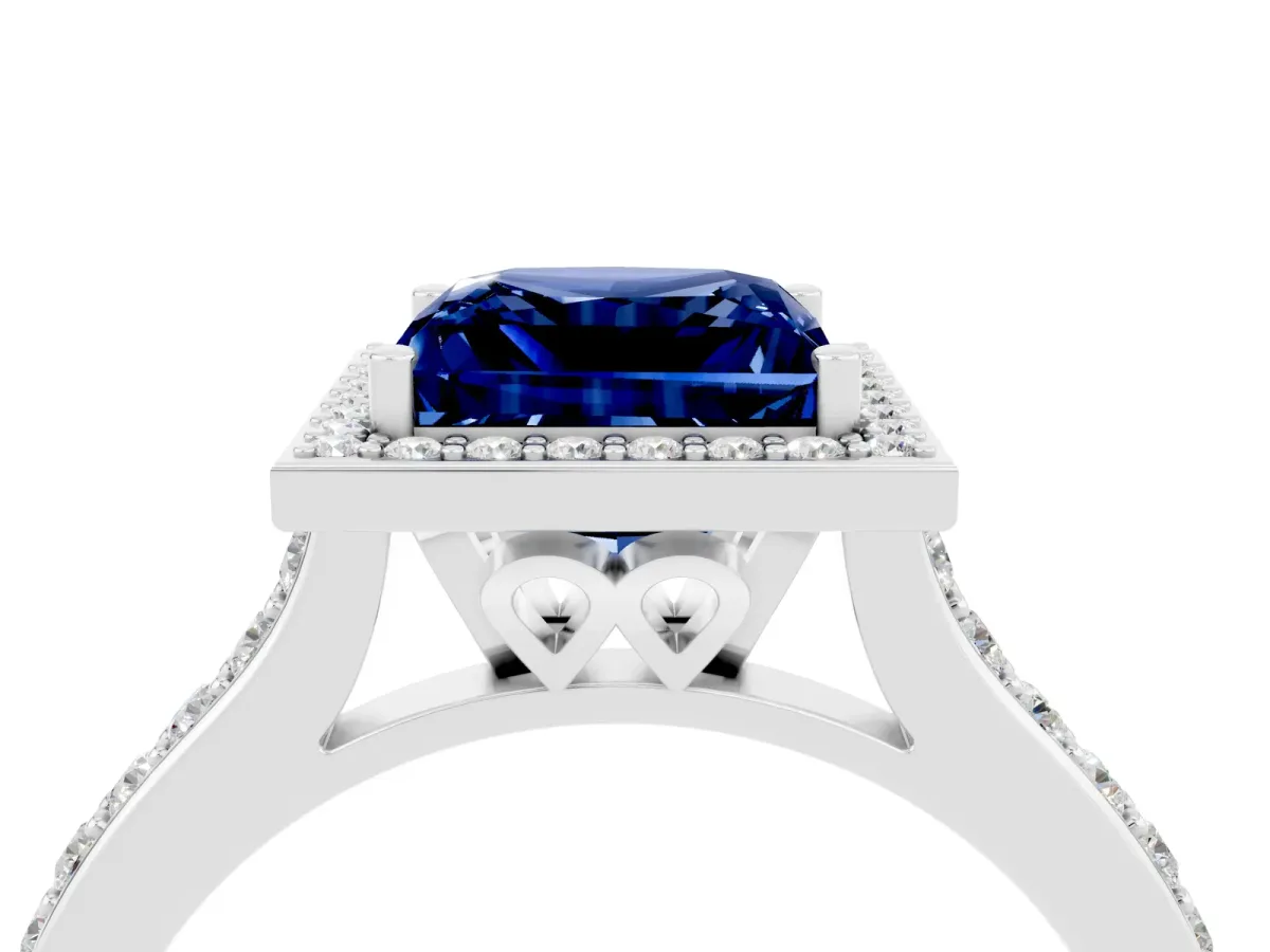 Princess Cut Blue Sapphire Halo Engagement Ring with Round Pavé Shoulders and Prong Setting Silver