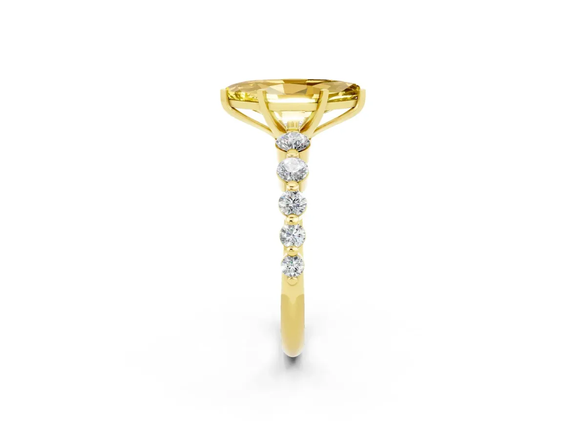 Marquise Cut Solitaire Yellow Sapphire Ring with Pave Band and Four-Prong Setting Yellow gold