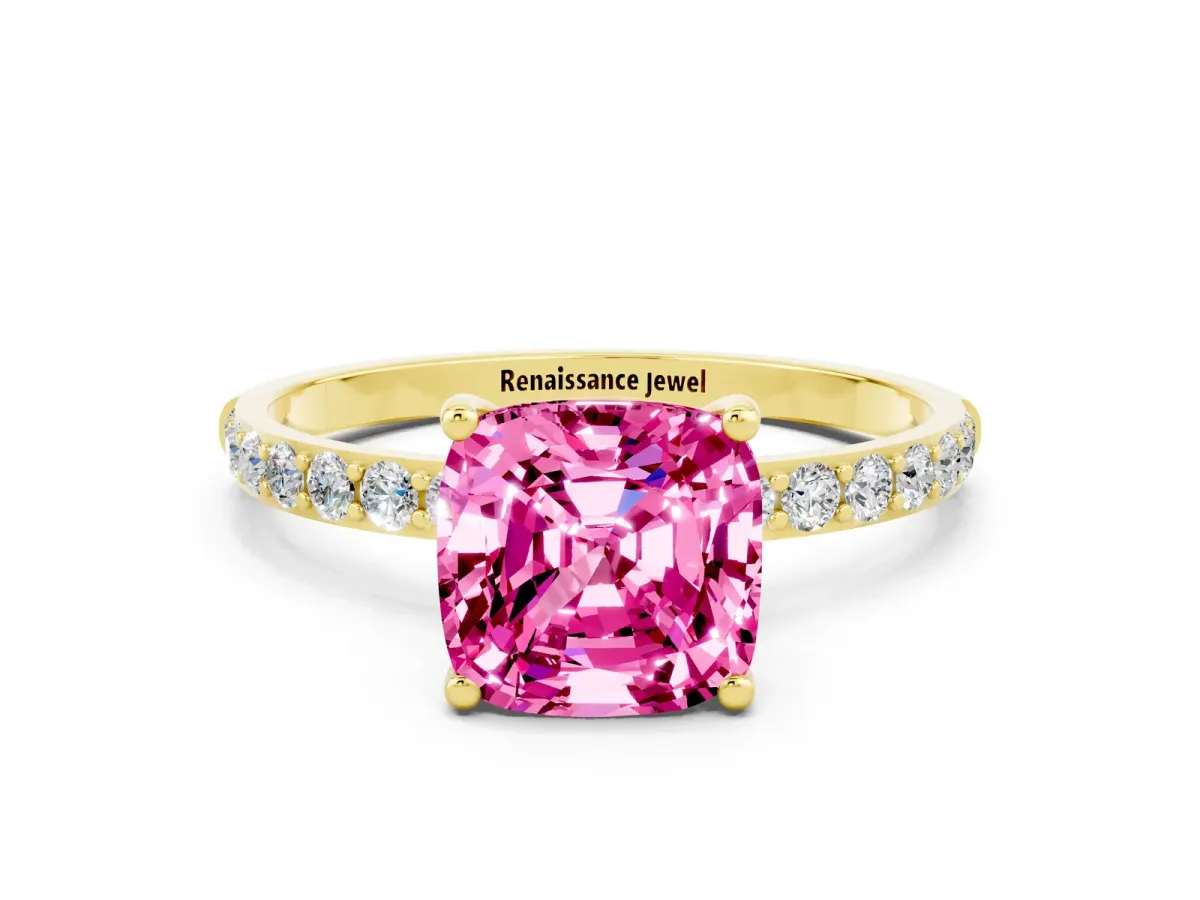 Cushion Cut Pink Sapphire Solitaire Ring with Round Pavé Band and Prong Setting Yellow gold