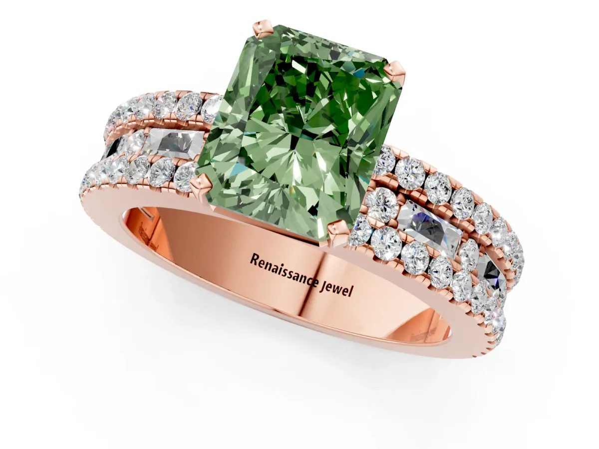 Fancy Green Radiant Cut Diamond Solitaire Ring with Pavé and Channel Set Band Rose gold