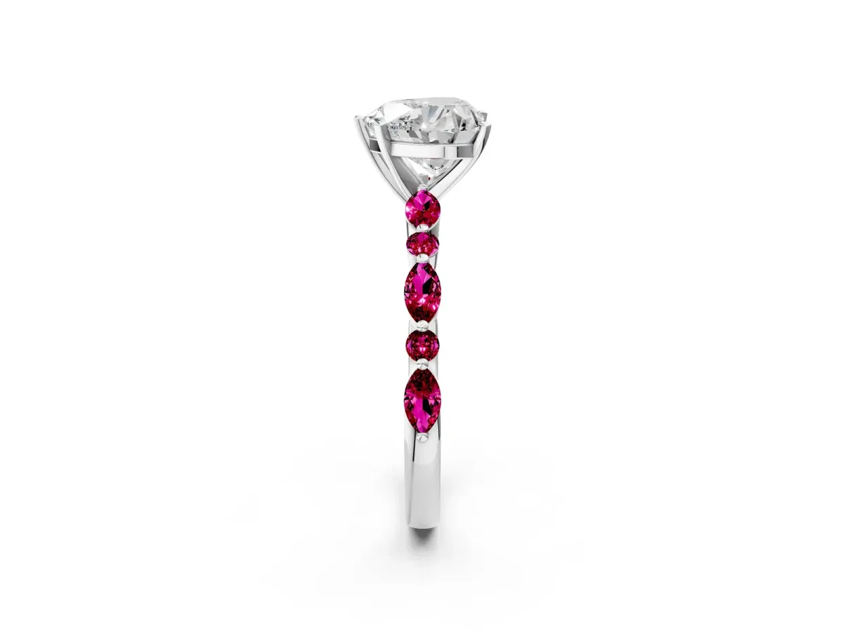 Heart Cut Diamond Ring with Marquise and Round Garnet Side Stones and Four-Prong Setting White gold