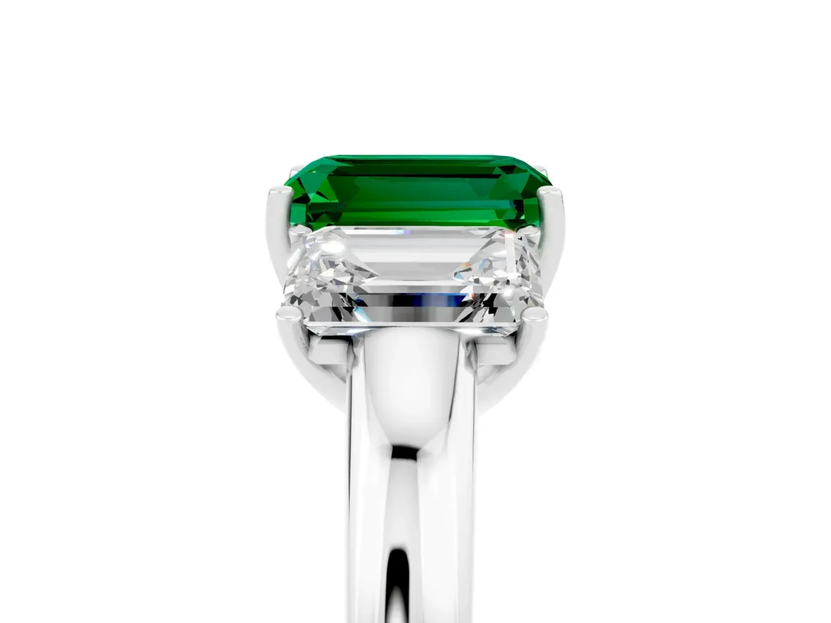 Emerald Cut Emerald Three-Stone Ring with Four-Prong Setting and Classic Band Silver
