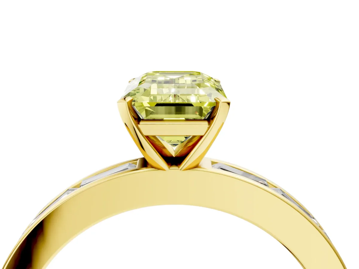 Fancy Yellow Emerald Cut Solitaire Diamond Ring with Channel-Set Baguette Band and Four-Prong Setting Yellow gold