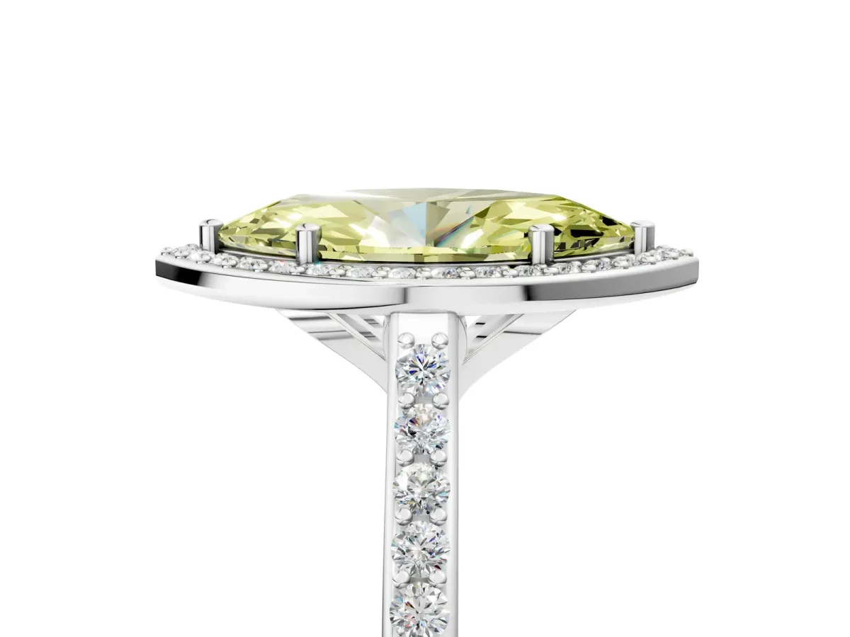 Fancy Yellow Marquise Cut Diamond Halo Engagement Ring with Round Pavé Shoulders and Prong Setting Platinum