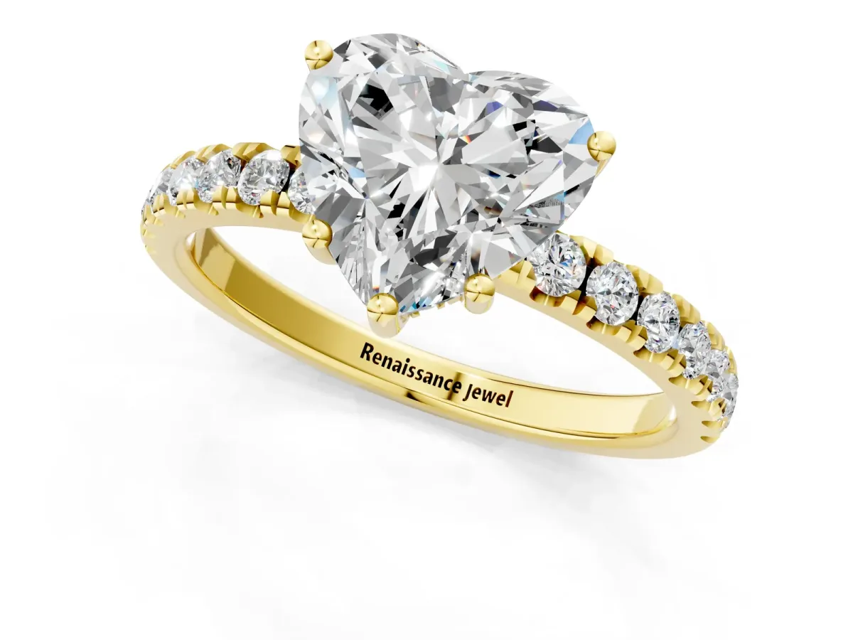 Heart Cut Diamond Pave Band Solitaire Ring with Round Moissanite and Prong Setting Yellow gold