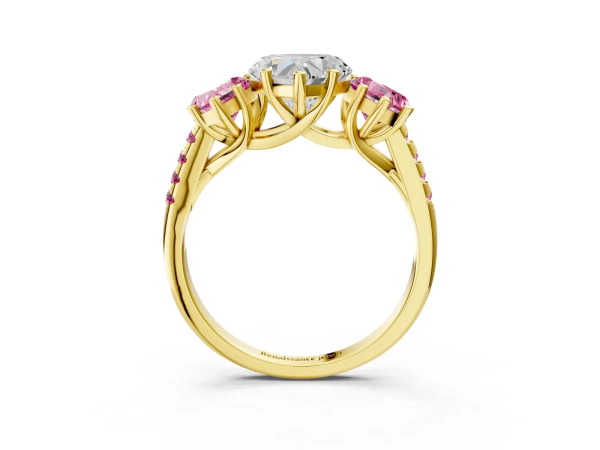 Three-Stone Heart Cut Diamond Ring with Round Pink Sapphire Pavé Band and Prong Setting Yellow gold