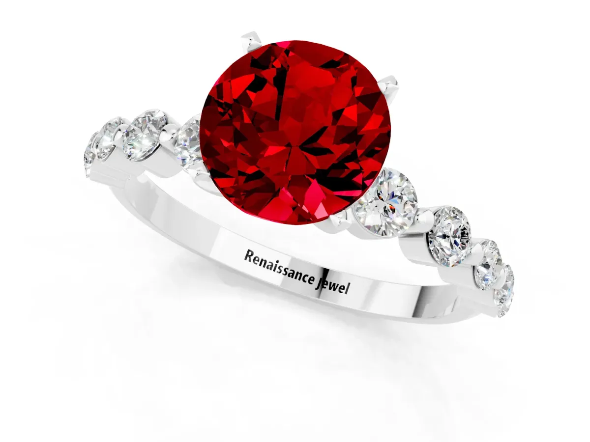 Round Cut Solitaire Ruby Ring with Pave Band and Four-Prong Setting White gold