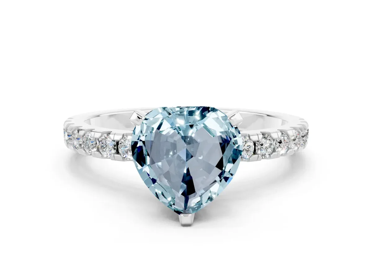 Heart Cut Aquamarine Solitaire Ring with Round Pavé Band and Four-Prong Setting White gold