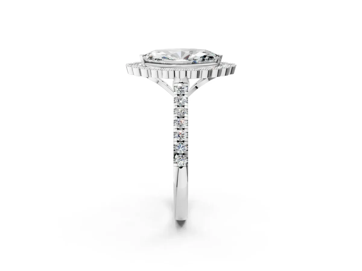 Marquise Cut Cut Diamond Milgrain Floral Halo Engagement Ring with Pavé Band Silver