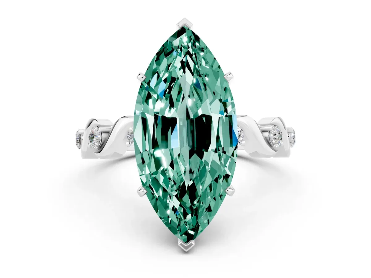 Marquise Cut Green Sapphire Solitaire Twisted Band with Round Accents and Prong Setting Platinum