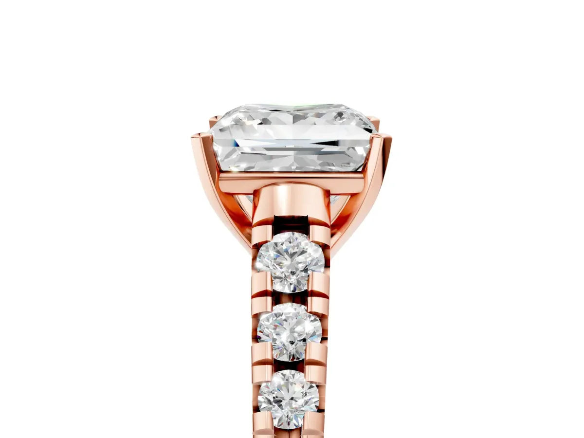 Princess Cut Diamond Cathedral Solitaire Ring with Round Moissanite Pavé Band Rose gold