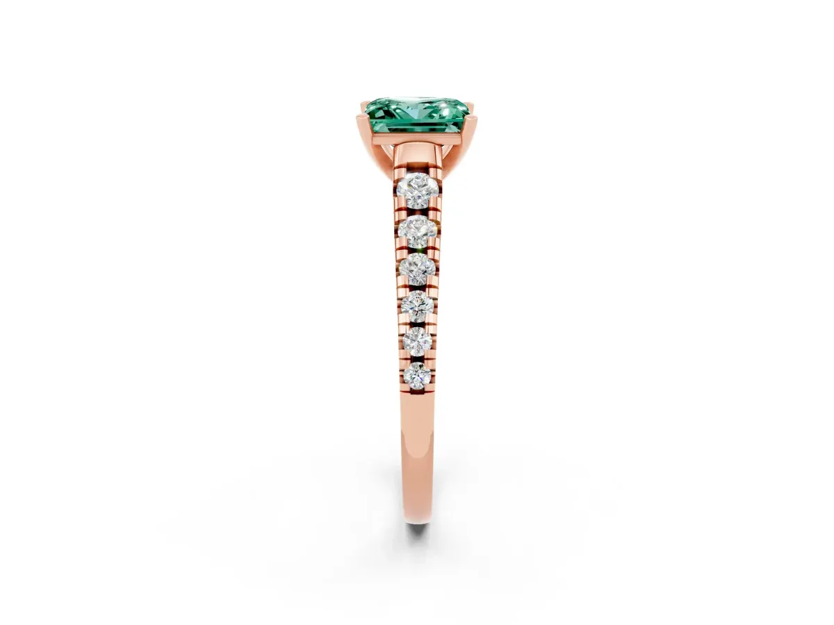 Princess Cut Green Sapphire Cathedral Solitaire Ring with Round Pavé Band Rose gold