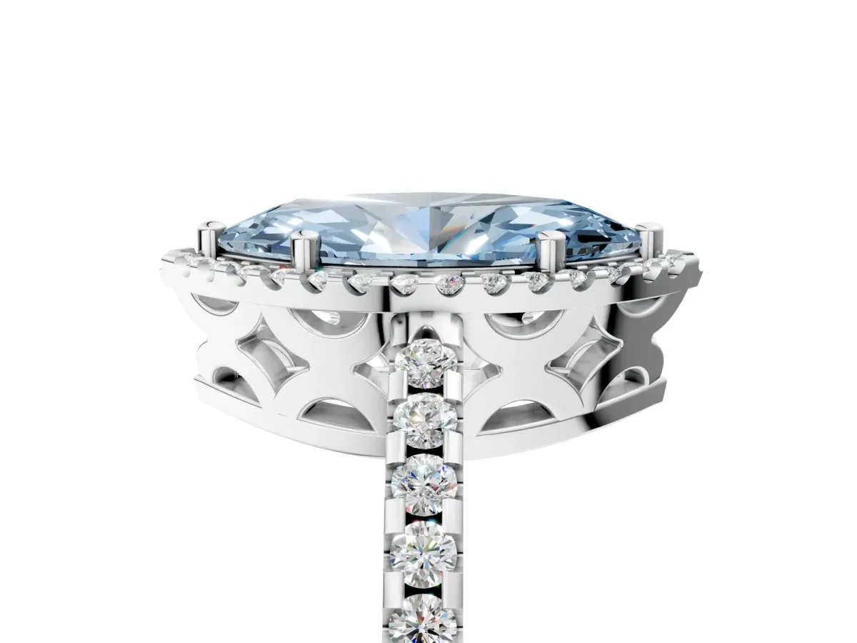 Fancy Blue Marquise Cut Diamond Halo Engagement Ring with Pavé Band and Prong Setting White gold