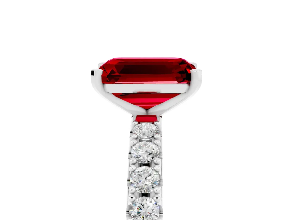 Emerald Cut Ruby Solitaire Pavé Band with Four-Prong Setting Silver