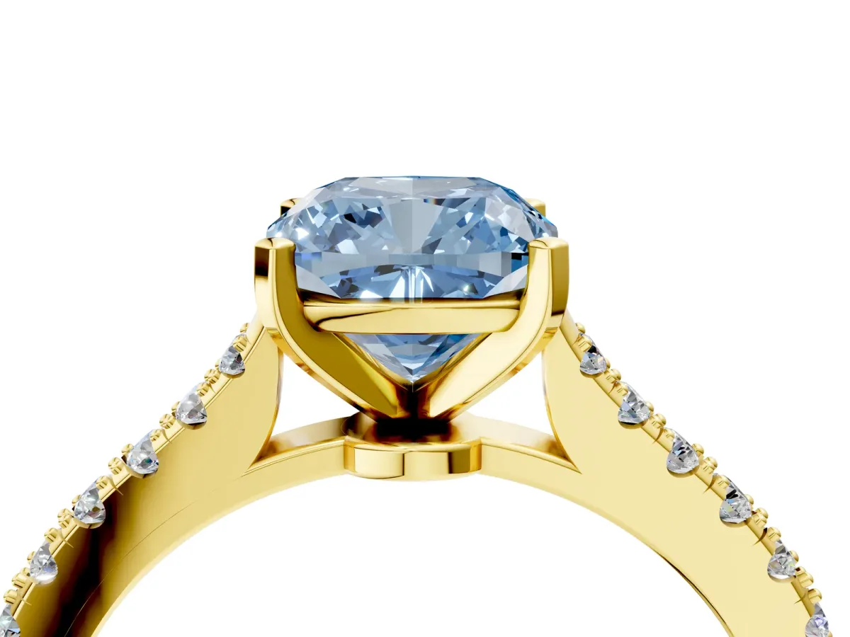 Fancy Blue Cushion Cut Cut Solitaire Diamond Engagement Ring with Pave Band and Four-Prong Setting Yellow gold