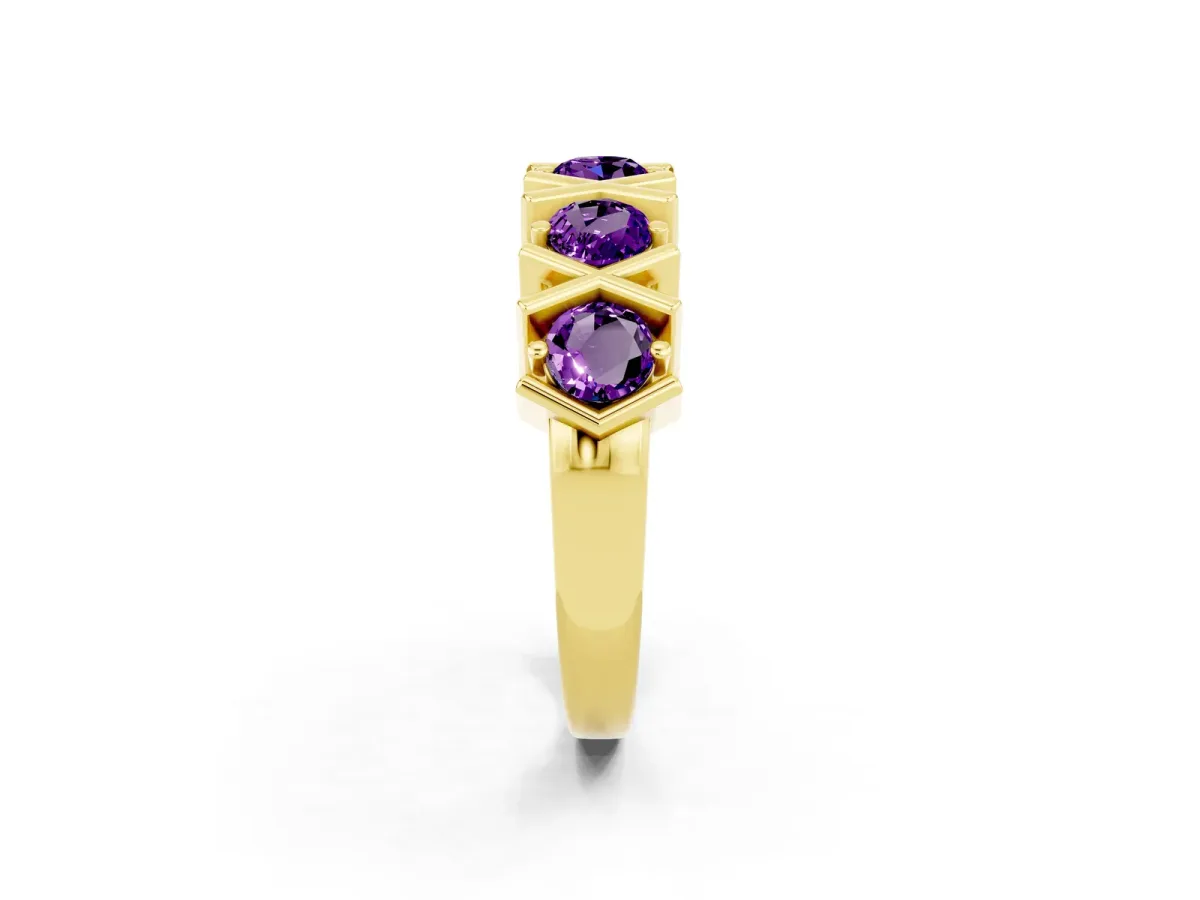 Round Amethyst Channel Set Band with X-Prong Detail Yellow gold