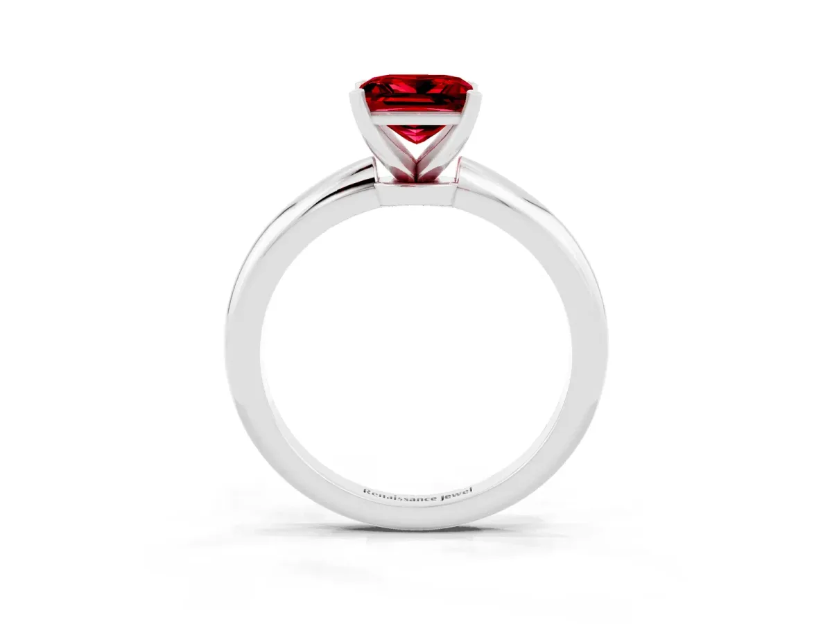 Princess Cut Ruby Solitaire Ring with Six-Prong Setting and Classic Band Silver