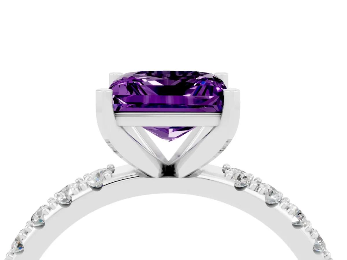 Princess Cut Amethyst Solitaire Pavé Band with Four-Prong Setting Platinum