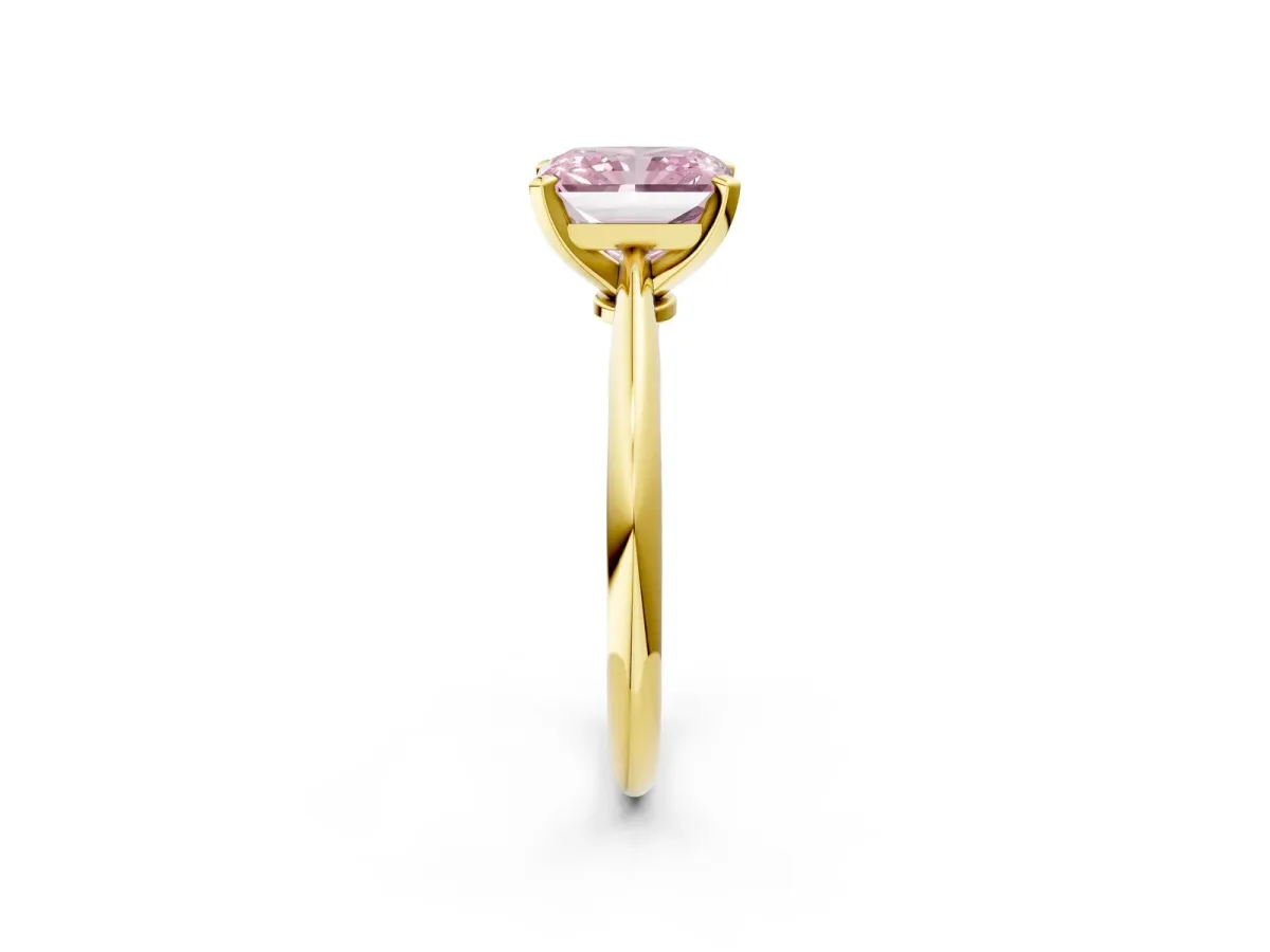 Fancy Pink Radiant Cut Diamond Solitaire Engagement Ring with Classic Band and Four-Prong Setting Yellow gold
