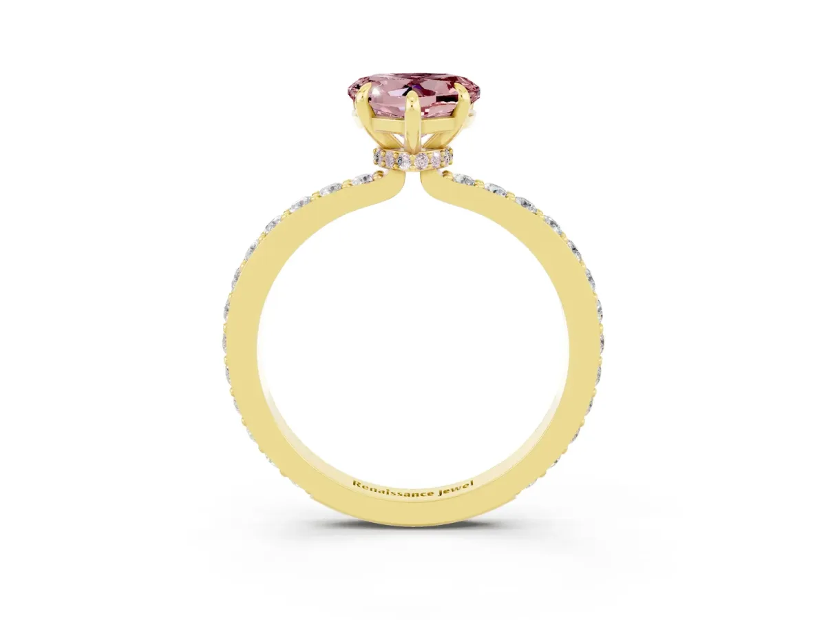 Heart Cut Morganite Solitaire Engagement Ring with Pavé Band and Four-Prong Setting Yellow gold