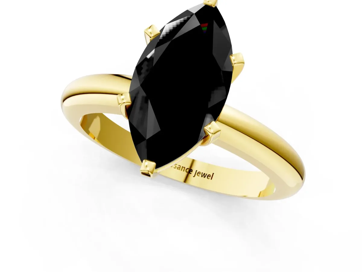 Fancy Black Marquise Cut Diamond Solitaire Engagement Ring with Round Band and Four-Prong Setting Yellow gold