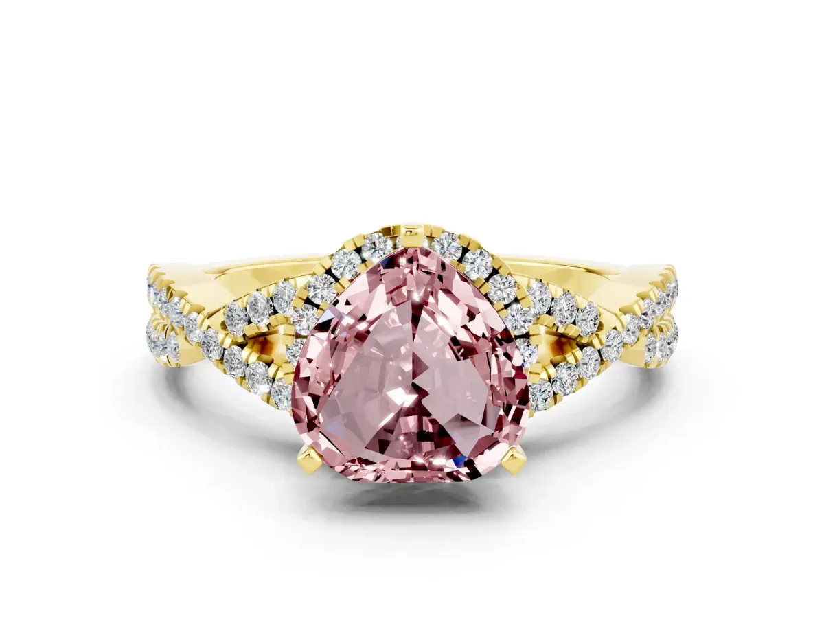 Heart Cut Morganite Halo Twist Band Solitaire Prong Setting Ring Yellow gold