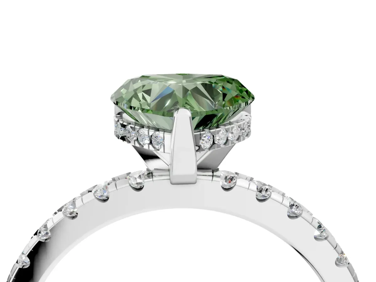 Fancy Green Heart Cut Diamond Solitaire Ring with Round Pavé Band and Four-Prong Setting White gold