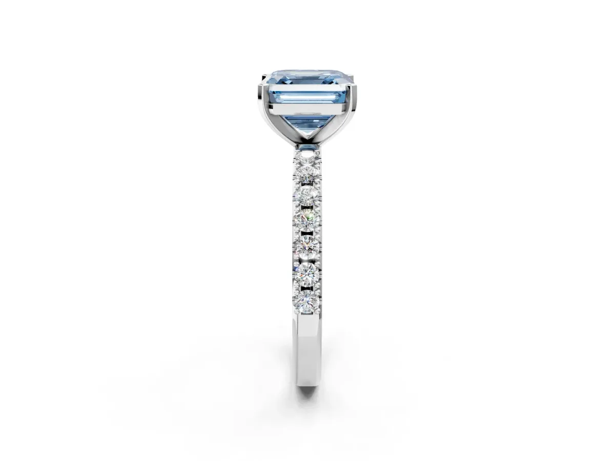 Fancy Blue Asscher Cut Diamond Solitaire Pavé Band with Four-Prong Setting Silver