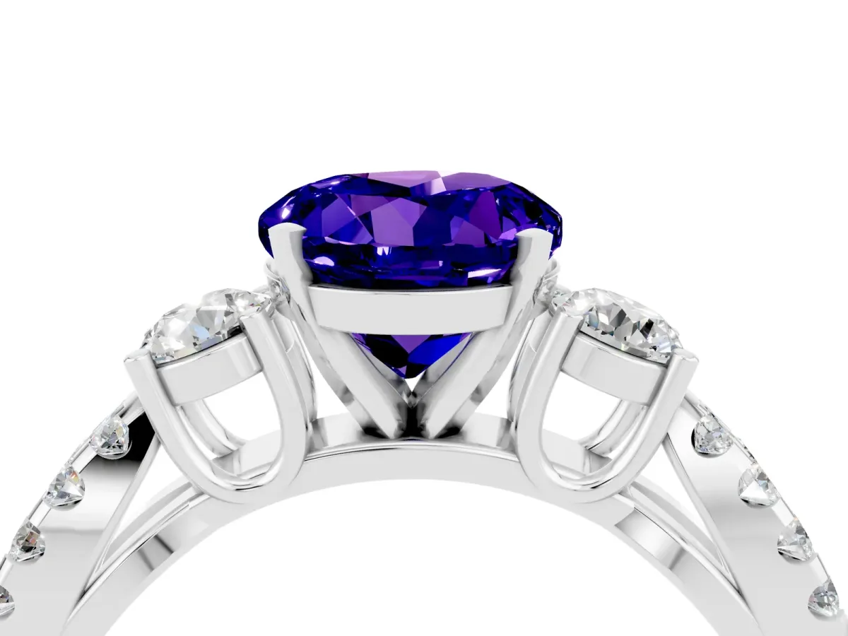 Round Cut Tanzanite Three-Stone Ring with Pavé Split Shank and Four-Prong Setting Silver