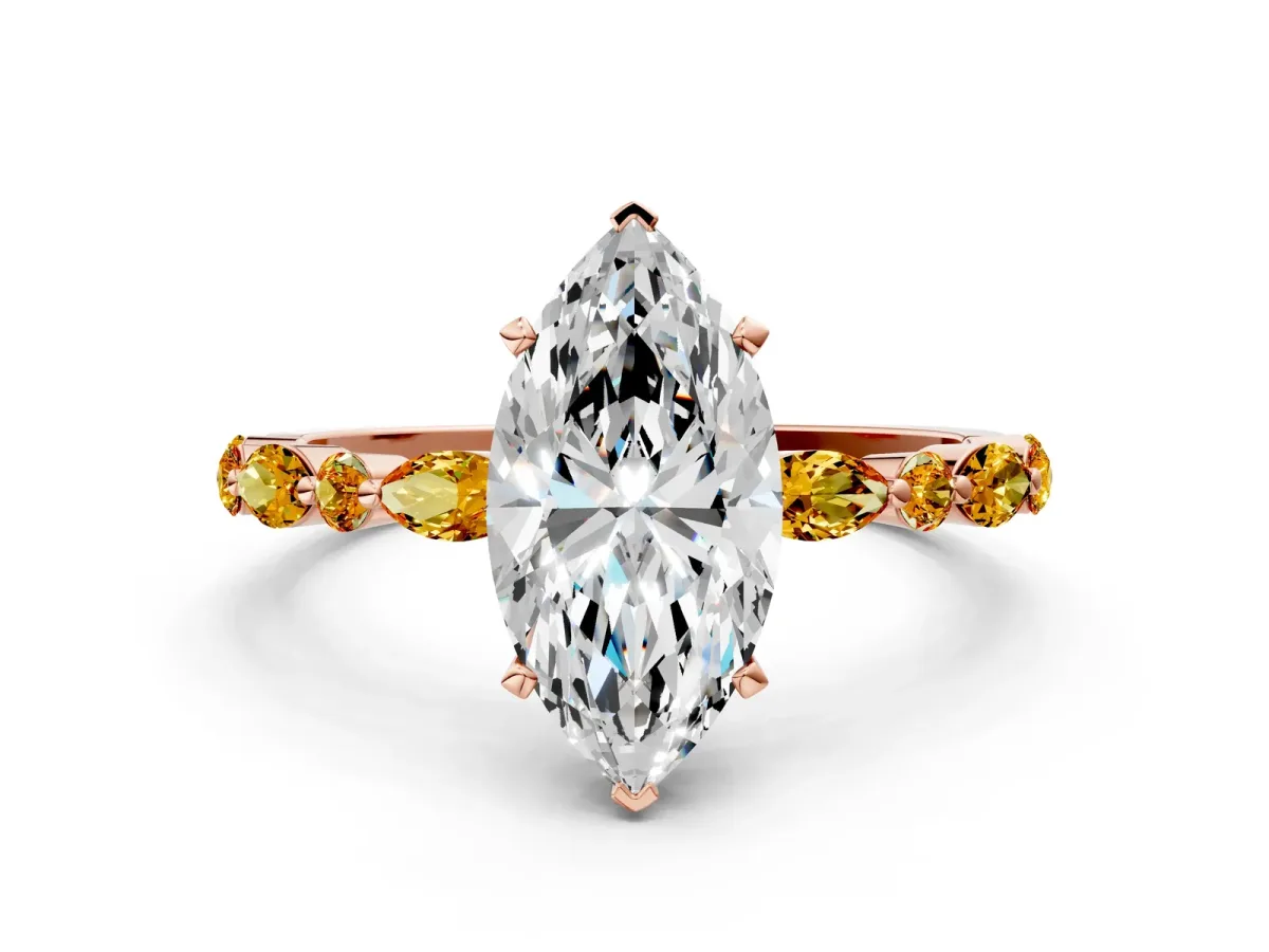 Marquise Cut Diamond Ring with Marquise and Round Citrine Side Stones and Four-Prong Setting Rose gold