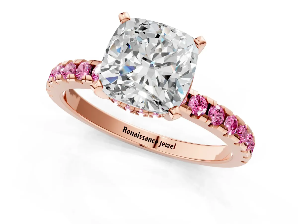 Cushion Cut Diamond Solitaire Ring with Round Pink Sapphire Pavé Band and Four-Prong Setting Rose gold