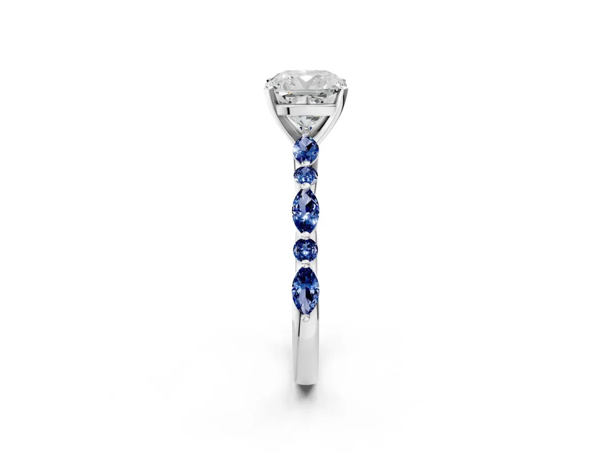 Cushion Cut Diamond Ring with Marquise and Round Blue Sapphire Side Stones and Four-Prong Setting White gold
