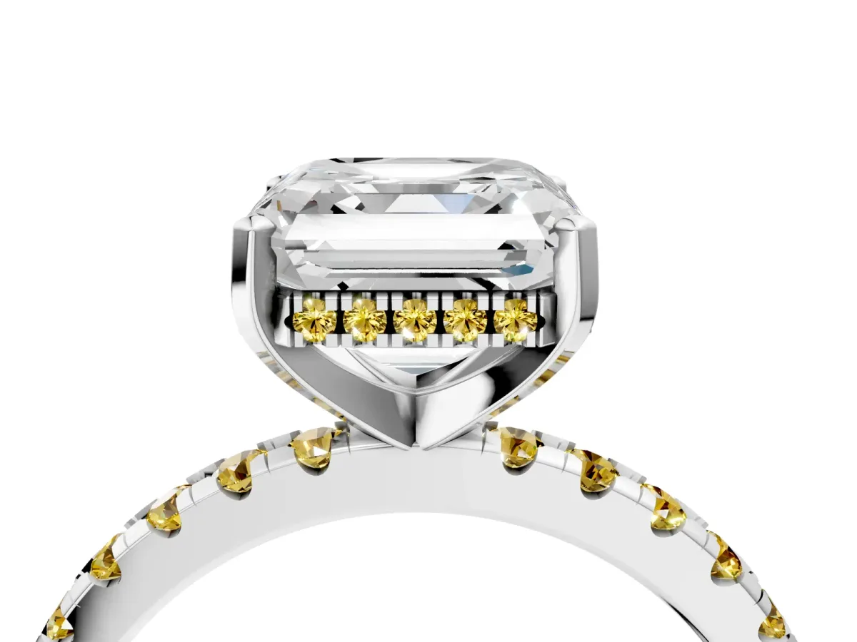 Asscher Cut Diamond Solitaire Ring with Round Yellow Sapphire Pavé Band and Four-Prong Setting White gold