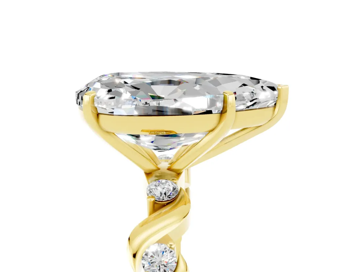 Pear Cut Moissanite Solitaire Twisted Band with Round Accents and Prong Setting Yellow gold