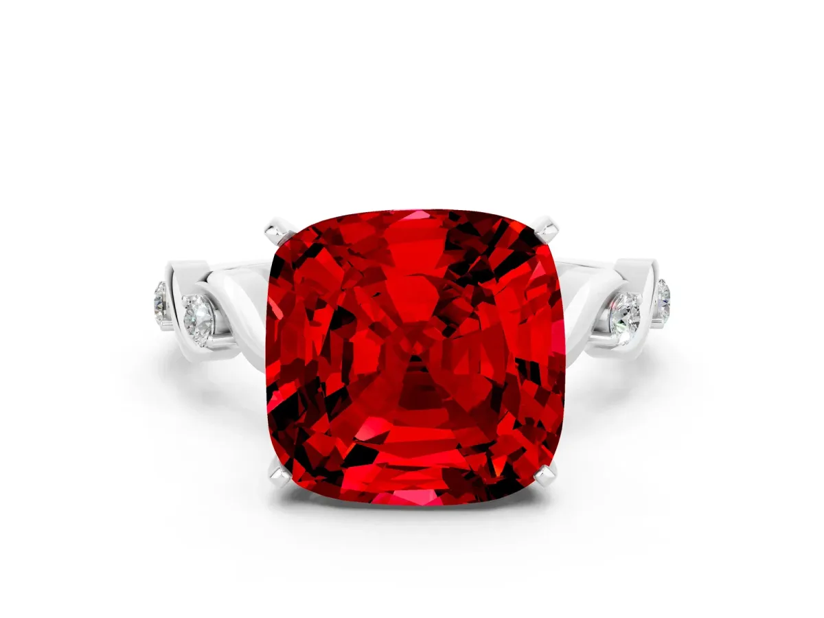 Cushion Cut Ruby Solitaire Twisted Band with Round Accents and Prong Setting Platinum