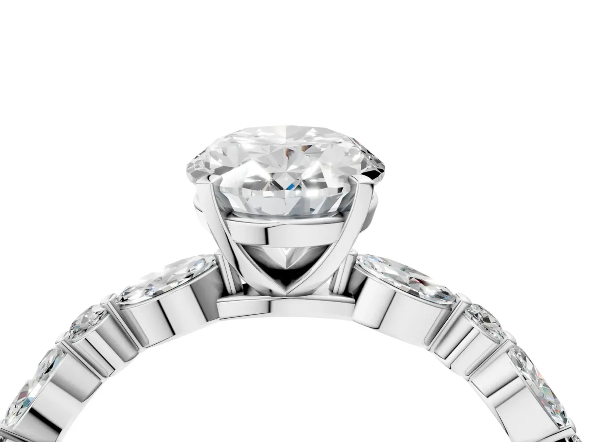 Oval Cut Diamond Ring with Marquise and Round Moissanite Side Stones and Four-Prong Setting White gold