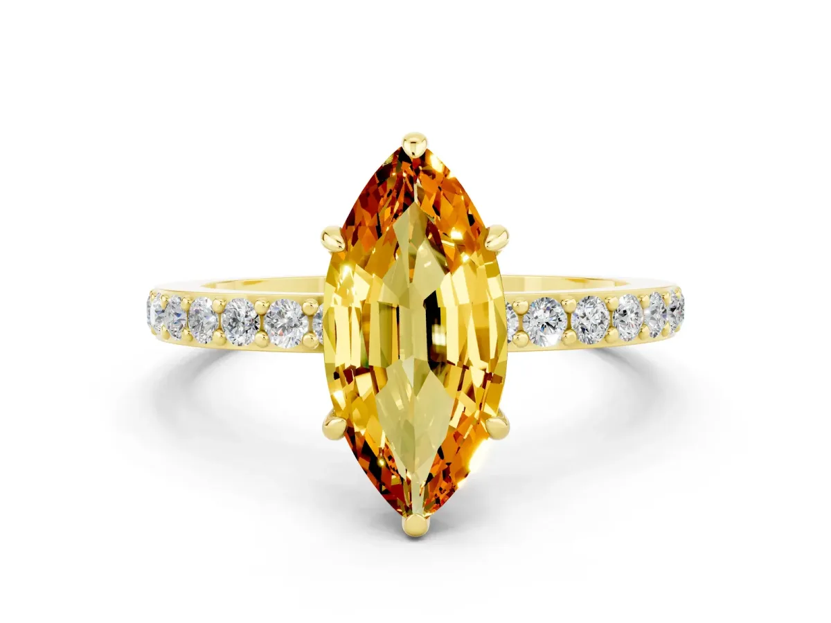 Marquise Cut Citrine Solitaire Engagement Ring with Pavé Band and Four-Prong Setting Yellow gold