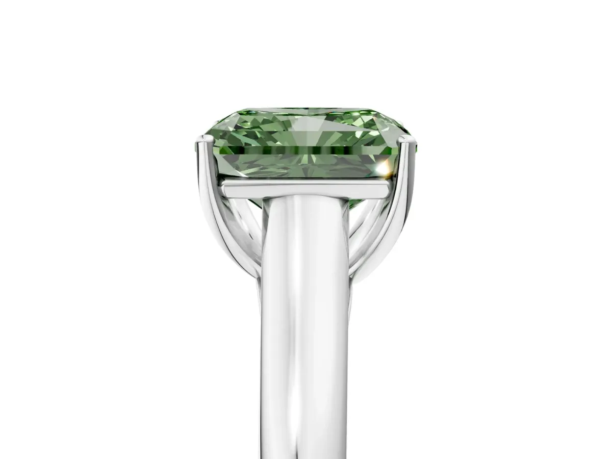Fancy Green Radiant Cut Solitaire Engagement Ring with Tapered Band and Four-Prong Setting Platinum