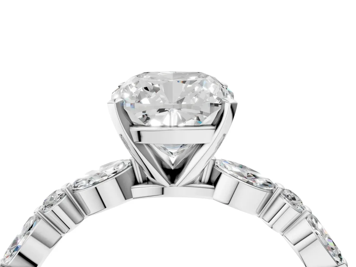 Cushion Cut Diamond Ring with Marquise and Round Moissanite Side Stones and Four-Prong Setting White gold