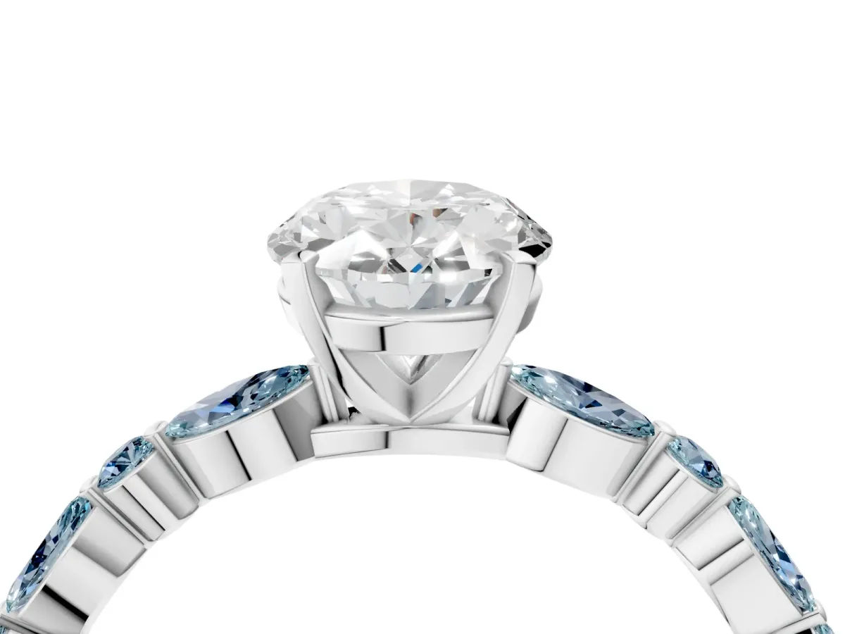 Oval Cut Diamond Ring with Marquise and Round Aquamarine Side Stones and Four-Prong Setting White gold