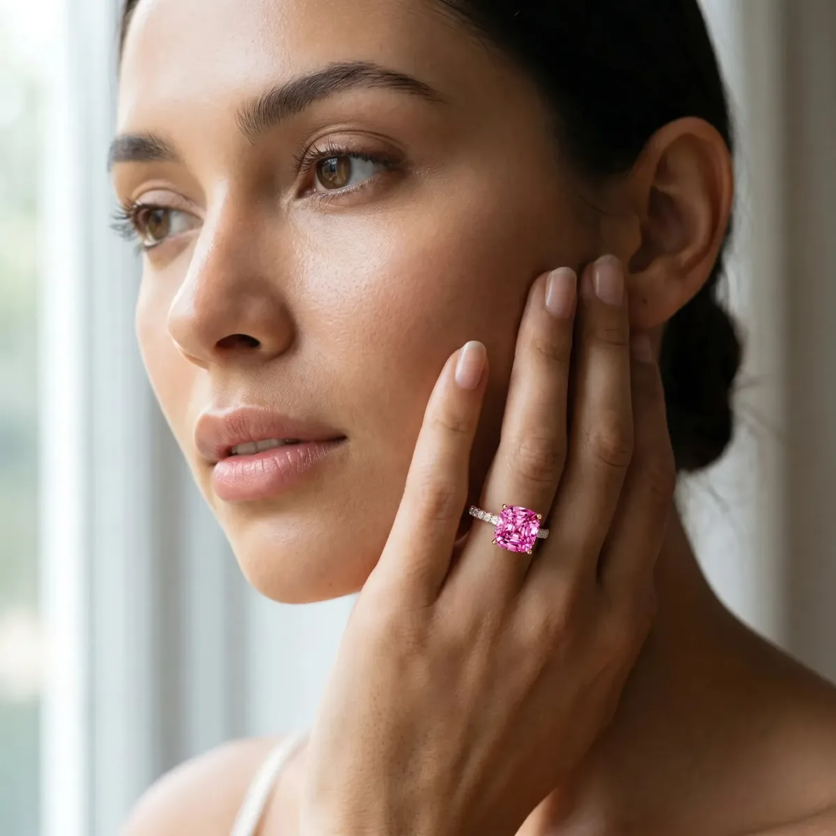 Cushion Cut Pink Sapphire Solitaire Ring with Round Pavé Band and Four-Prong Setting Rose gold