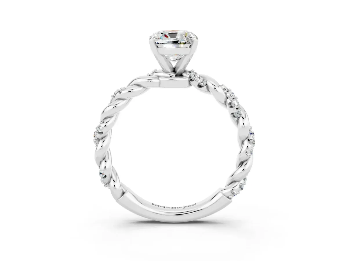 Cushion Cut Moissanite Solitaire Ring with Twisted Band and Pavé Accents White gold