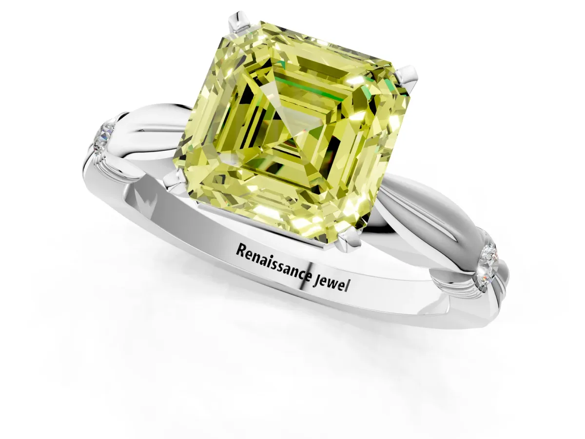Fancy Yellow Asscher Cut Solitaire Diamond Twisted Band with Four-Prong Setting Platinum