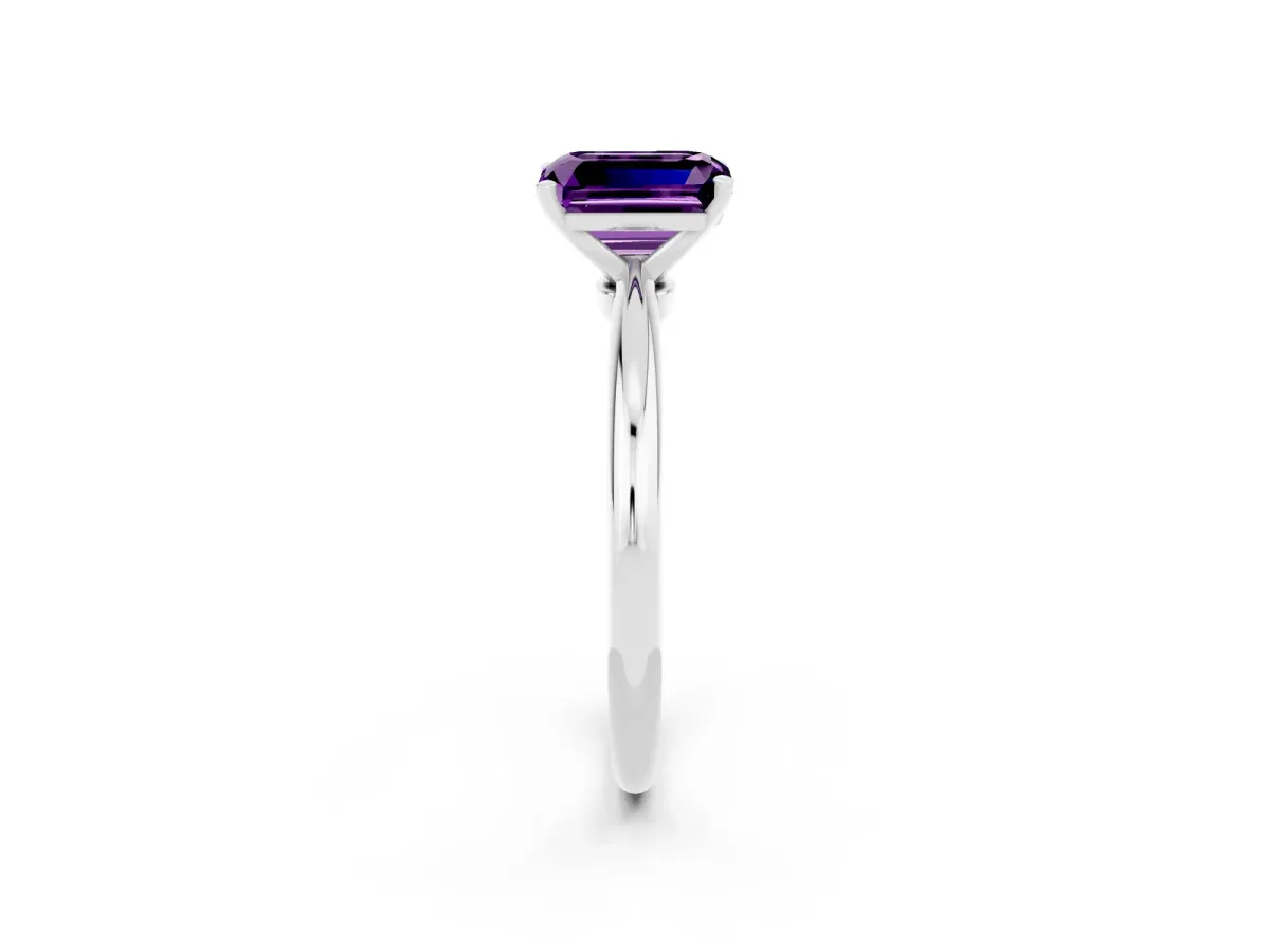 Emerald Cut Amethyst Solitaire Ring with Six-Prong Setting and Classic Band White gold