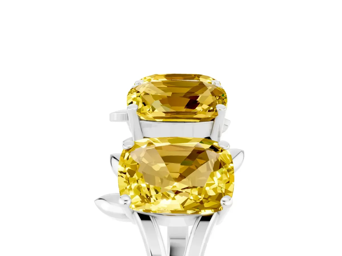 Four-Stone Elongated Cushion Yellow Sapphire Band with Nature-Inspired Prong Setting White gold