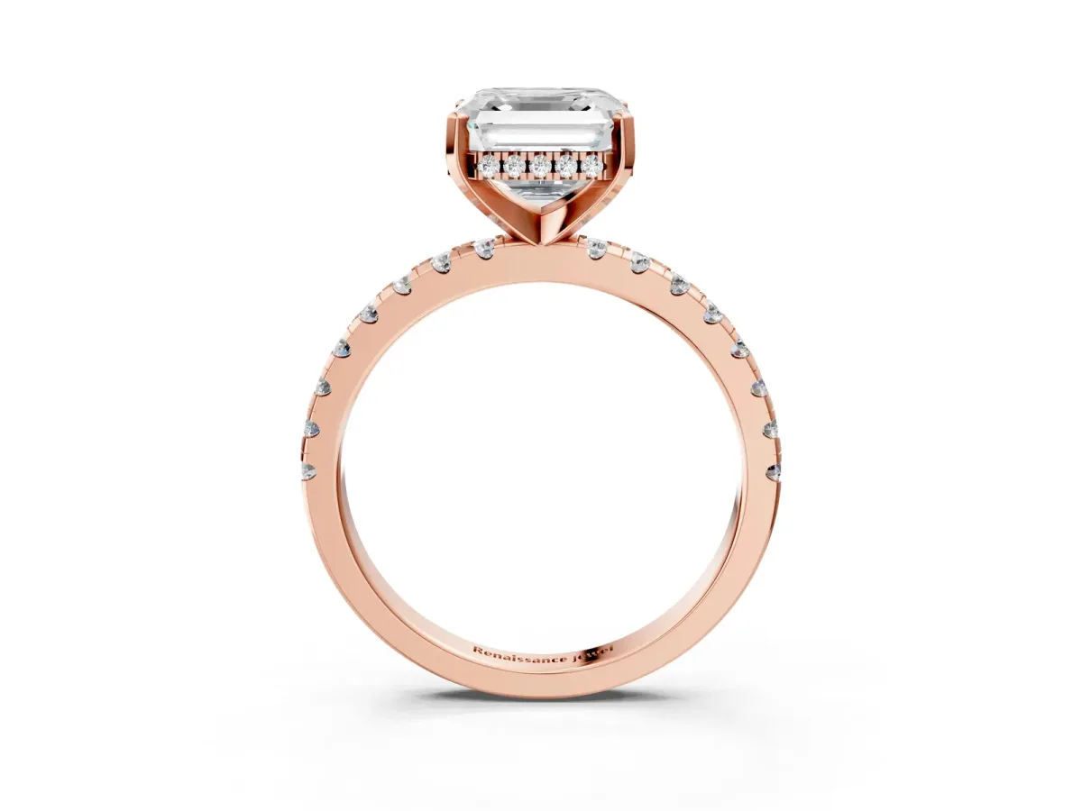 Asscher Cut Diamond Solitaire Ring with Round Moissanite Pavé Band and Four-Prong Setting Rose gold
