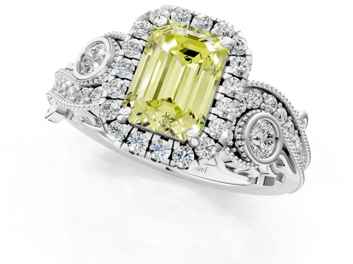Fancy Yellow Emerald Cut Diamond Halo Ring with Milgrain Pavé Band and Four-Prong Setting White gold