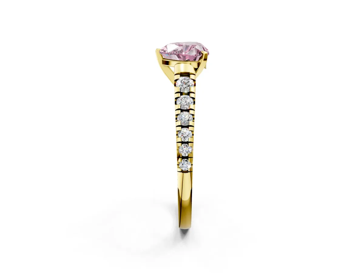Fancy Pink Heart Cut Diamond Cathedral Solitaire Ring with Round Pavé Band Yellow gold